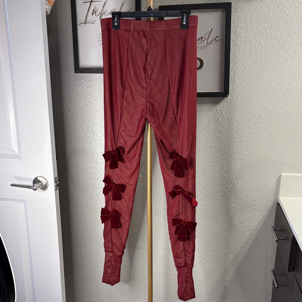Red Leggings with Bow Accents